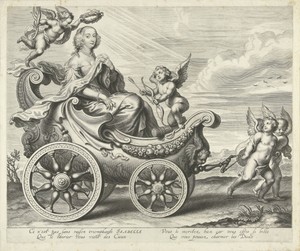 Clara Isabella de Ligne-Arenberg (?) in een triomfwagen