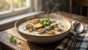Classic Clam Chowder in Sunlight