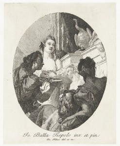 Cleopatra en bedienden met sieraden en vat wijn