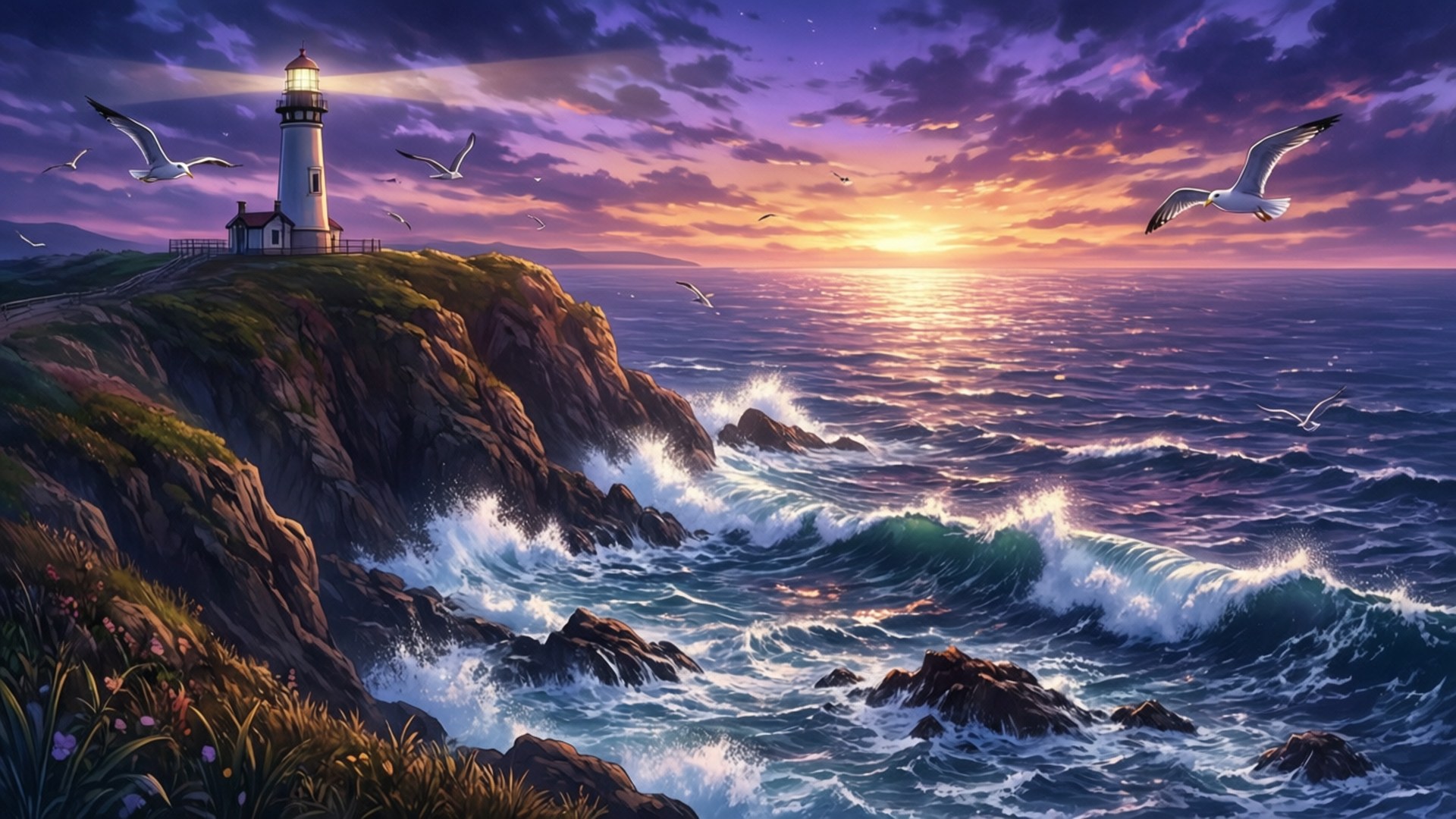 Cliffside Twilight Lighthouse by Wallpapers.art Studio