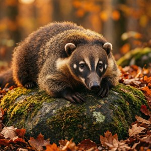 Coati Among Fall Leaves