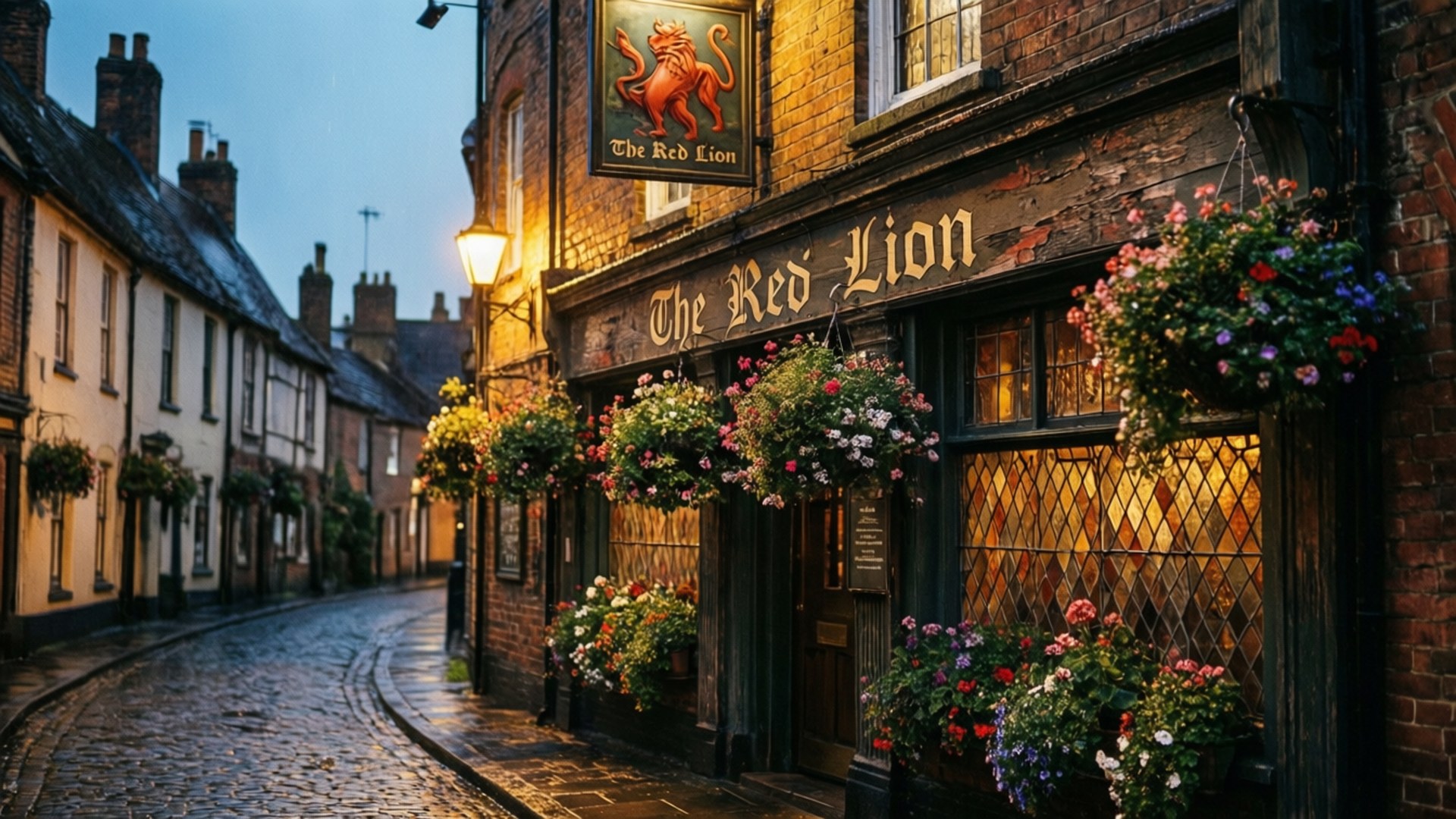 Cobblestone Pub Evening by Wallpapers.art Studio
