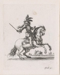 Commandant te paard in een landschap met meer ruiters te paard