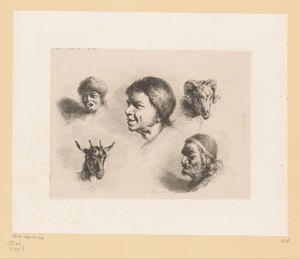 Compositie met drie hoofden van mannen van verschillende leeftijden, een ram en een bok