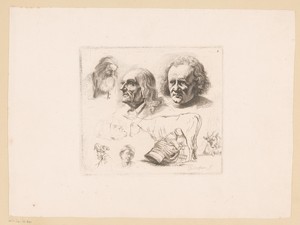 Compositie met koe, bok en zes hoofden van mannen van verschillende leeftijden