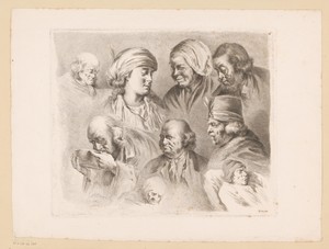 Compositie met negen hoofden van mannen en vrouwen van verschillende leeftijden