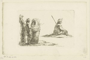Compositie met twee mannen bij een ton en een gezeten jongeman op de rug gezien