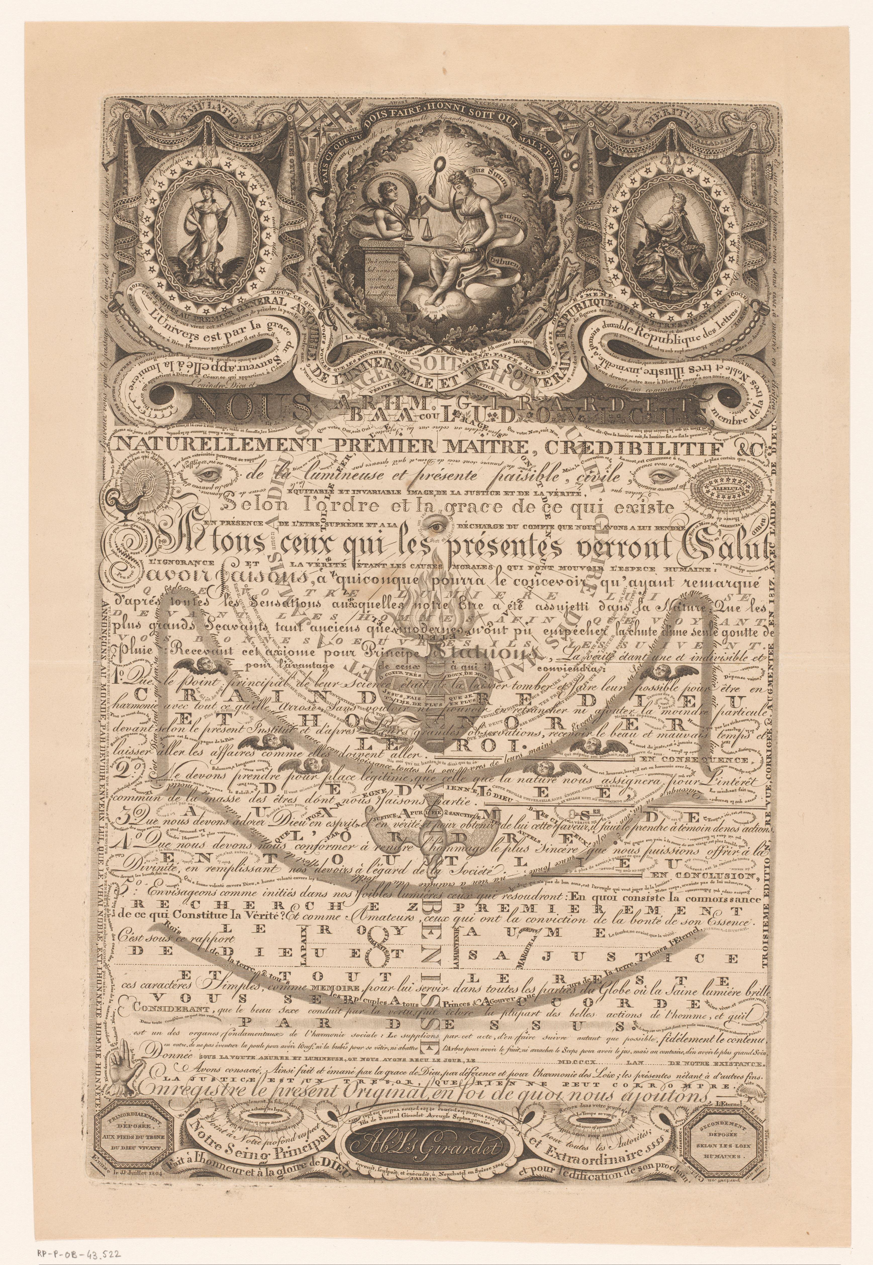 Compositie met uiteenlopende tekst, nummers, symbolen en allegorische figuren by Abraham Louis Girardet