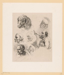 Compositie met zes hoofden van mannen en een hondenkop