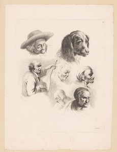 Compositie met zes hoofden van verschillende mannen en de kop van een hond