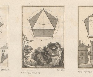Constructie van een driehoek in een vijfhoek met onderaan een boslandschap