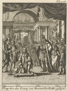 Cornelis Tromp door de koning van Denemarken tot Ridder geslagen, 1676