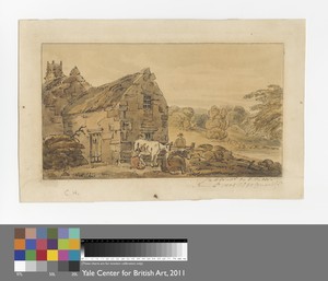Cottage and Two Cows Being Milked