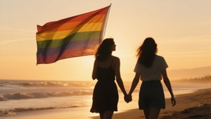 Couple on Beach with Flag