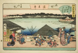 Courtesans Viewing Cherry Blossoms at Horaitei Restaurant in Ikenohata (Ikenohata seiro hanami no yasumi, Horaitei), from the series "Famous Restaurants of Edo (Edo komei kaitei zukushi)"