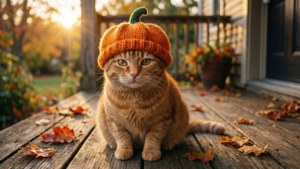 Cozy Cat in Pumpkin Hat