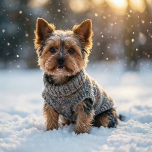 Cozy Yorkie in Snow