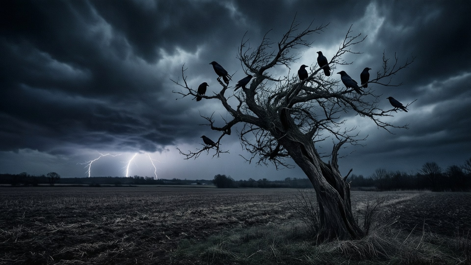 Crows in the Storm Field by Wallpapers.art Studio