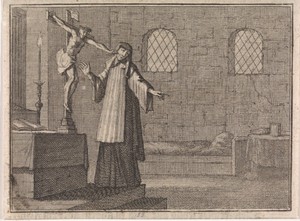 Crucifix steekt een vluchtende non vanaf zijn kruis met een spijker in de wang