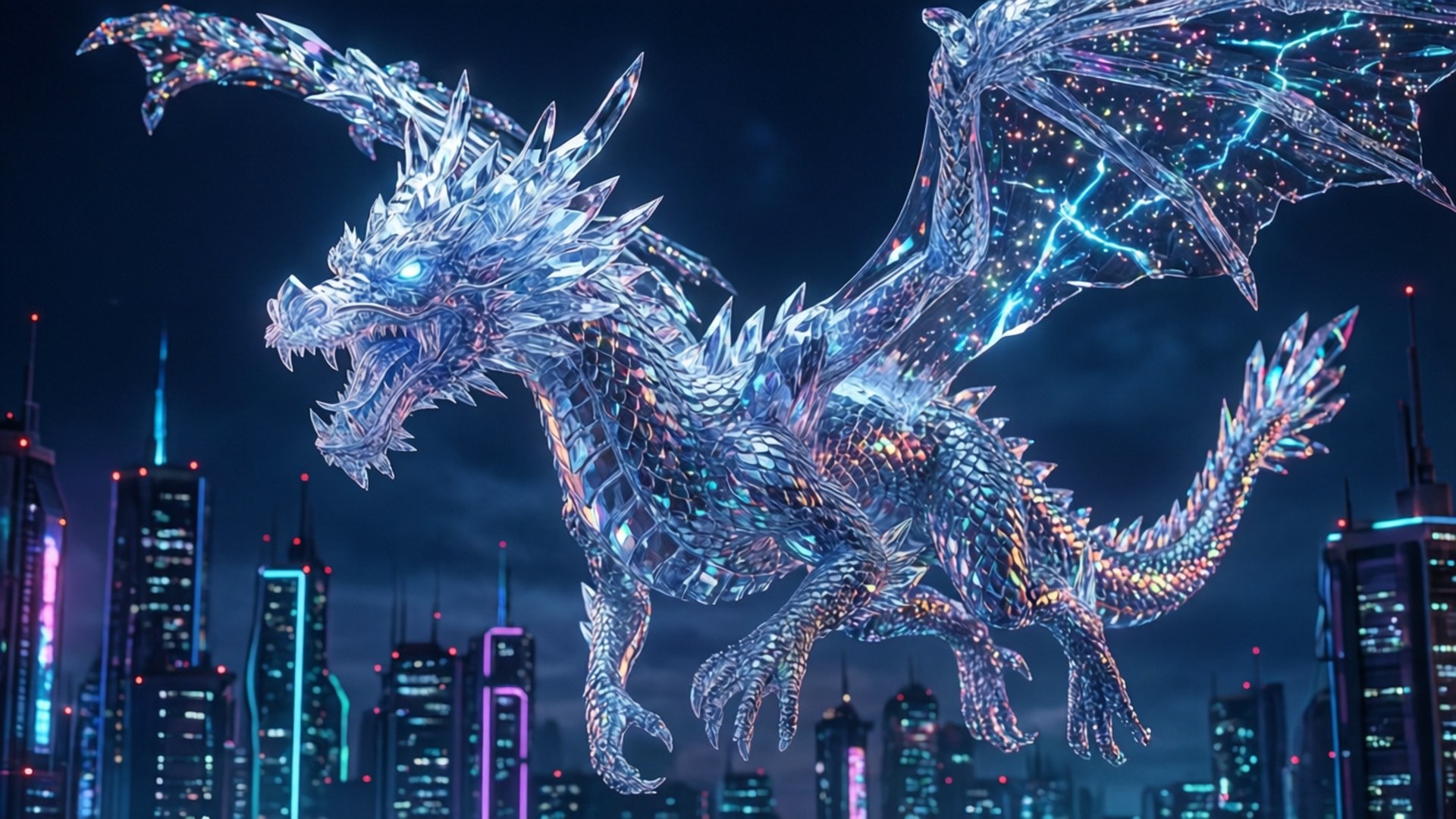 Crystal Dragon Neon City by Wallpapers.art Studio