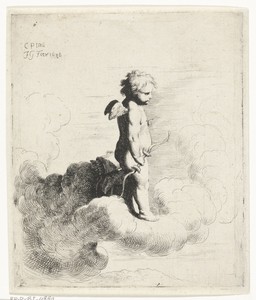 Cupido met pijlenkoker en boog staand op wolken