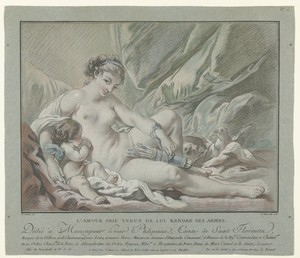 Cupido smeekt Venus zijn pijlen terug te geven