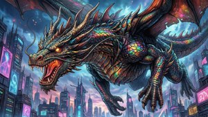 Cyberpunk Dragon Over City
