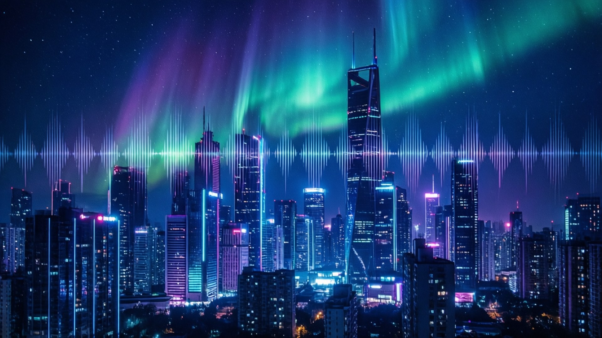 Cyberpunk Soundwave Skyline by Wallpapers.art Studio