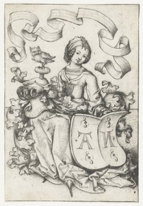 Dame met uil en wapenschild met de letters AN