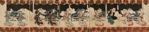 Dancing Courtesans, One, from the pentaptych series of "Furuichi Dance Performance (Furuichi odori)" for the Hisakataya Poetry Club