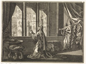 Daniël in gebed geknield voor een venster wordt bespied