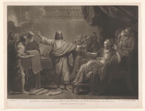 Daniël legt Belsazar de tekst op de muur uit