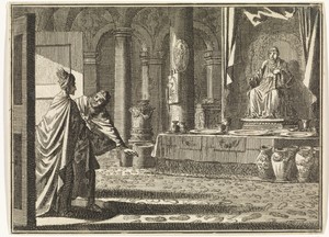 Daniël toont aan Cyrus de voetstappen op de grond van de tempel van Bel