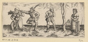 Dansend boerenpaar, daarnaast een boerin die niet wil dansen