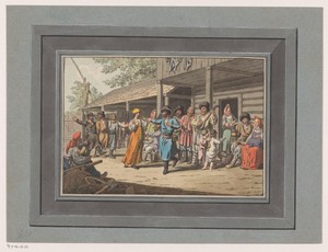 Dansend en musicerend gezelschap bij een boerderij