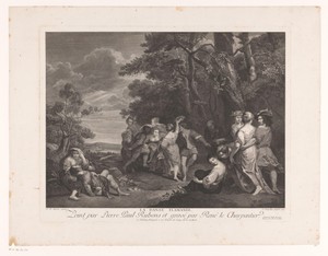 Dansende en feestende figuren in een landschap