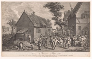 Dansende mensen voor een herberg