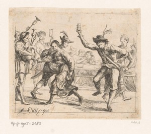 Dansende soldaten en vrouwen in een herberg