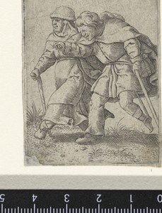Dansende vrouw en blinde man als boeren gekleed