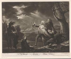 David Garrick als koning Lear met de graaf van Kent en Edgar vermomd als Tom in een stormachtig landschap