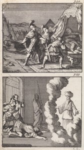 David, vergezeld door Abisai en Achimelech, vindt Saul slapend in zijn tent / Samuel verschijnt aan Saul bij de heks van Endor