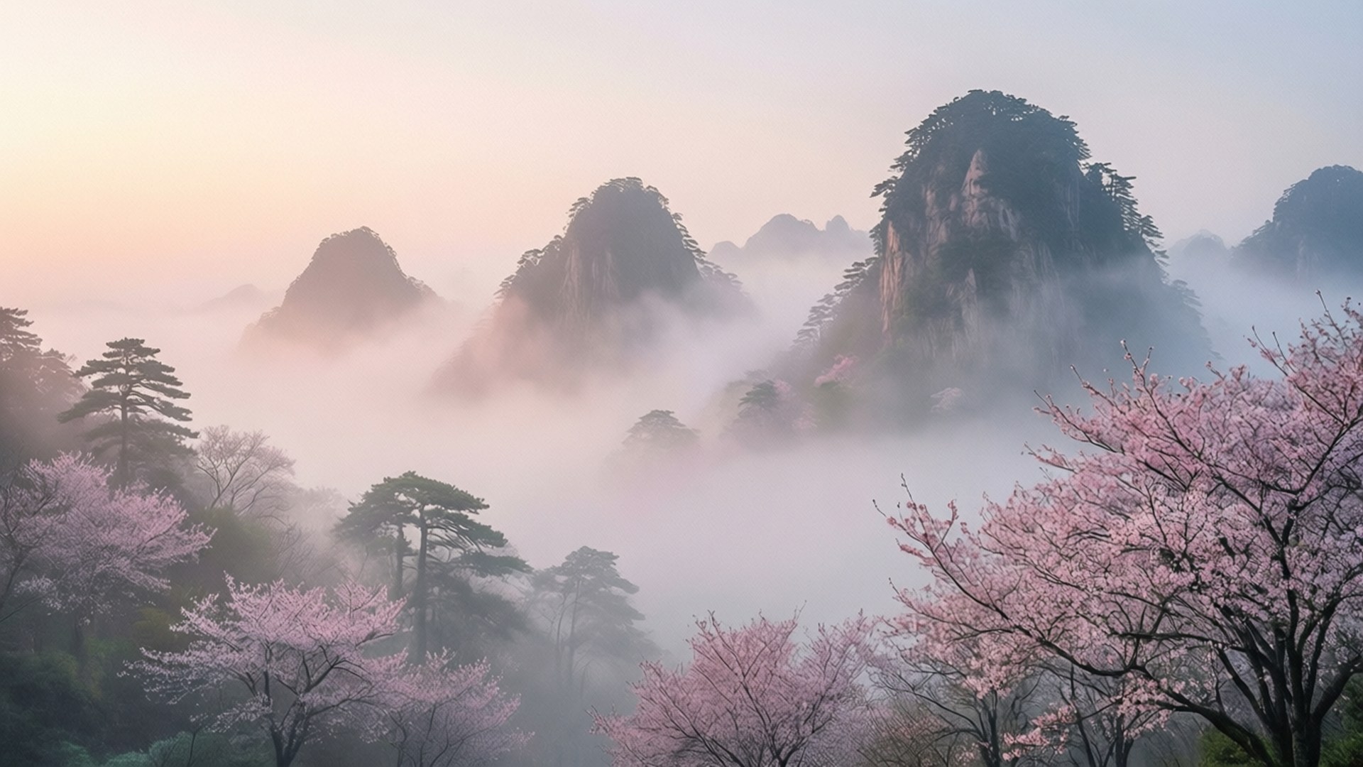 Dawn Mist with Cherry Blossoms by Wallpapers.art Studio