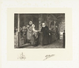 De dominee begroet een kerkgangster