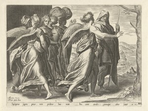 De engelen leiden Lot en zijn vrouw en dochters uit Sodom