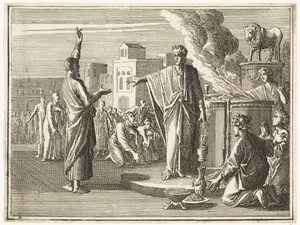 De godsman uit Juda profeteert tegen het altaar waarop Jerobeam de kalverdienst uitoefent