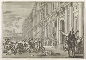 De gouden arend van Herodes wordt door het volk met touwen van de tempel gerukt