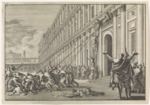 De gouden arend van Herodes wordt door het volk met touwen van de tempel gerukt