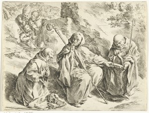 De heilige Benedictus zittend tussen de heiligen Bruno en Bernard