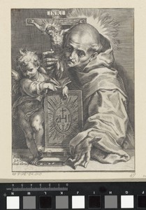De heilige Bernardinus van Siena met crucifix en putto