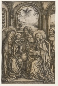 De Heilige Familie in een gewelfde ruimte